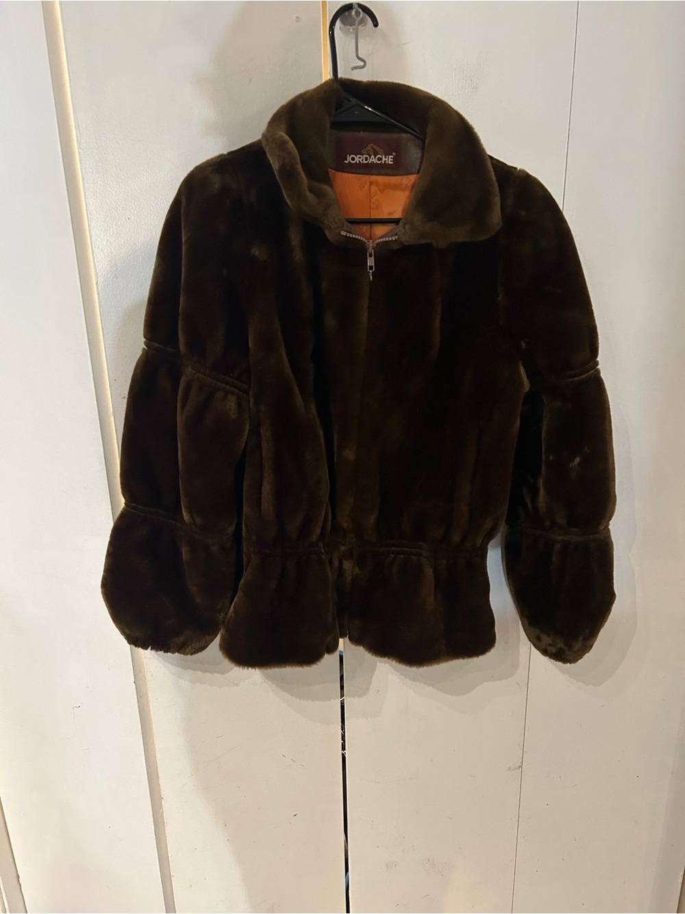 Vintage Jordache Dark Brown Faux Fur Jacket one pocket has hole at seem